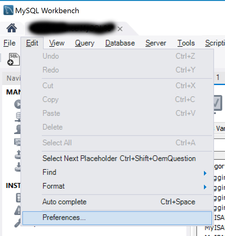 MySQL Workbench Edit Preferences